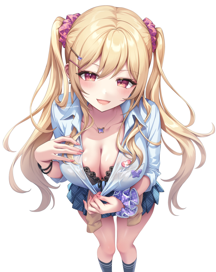 1girl :d bangs black_bra blonde_hair blue_skirt blush bra breasts cleavage clothes_pull collared_shirt earrings feet_out_of_frame gomashio_ponz hair_ornament hair_scrunchie hairclip highres jewelry kneehighs large_breasts long_hair long_sleeves looking_at_viewer miniskirt necklace original pink_eyes plaid plaid_skirt pleated_skirt pulled_by_self scrunchie shirt shirt_pull simple_background skirt smile socks solo standing twintails twitter_username underwear white_background wrist_scrunchie