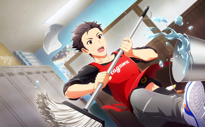 1boy apron black_hair black_shirt brown_eyes bucket fingernails highres holding holding_mop idolmaster idolmaster_side-m idolmaster_side-m_live_on_stage! indoors kimura_ryu locker male_focus midriff_peek mop official_art open_mouth poster_(object) red_apron shirt shoe_soles shoes sneakers third-party_source