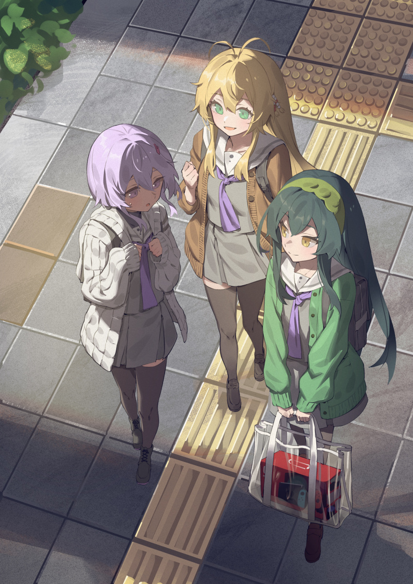 3girls a.i._voice antenna_hair backpack bag beads black_footwear black_thighhighs blonde_hair box brown_cardigan cardigan dark_green_hair foreshortening from_above full_body green_cardigan green_eyes grey_cardigan grey_shirt grey_skirt hair_beads hair_ornament hairband hairclip highres holding holding_bag long_hair looking_at_another mary_janes miniskirt multiple_girls necktie nintendo_switch open_mouth outdoors purple_eyes purple_hair purple_necktie ribbed_cardigan sailor_collar school_uniform see-through shirt shoes short_hair sidelighting sidelocks skirt smile standing tactile_paving thighhighs tile_floor tiles touhoku_zunko tsurumaki_maki voiceroid white_sailor_collar yamamomo_(plank) yellow_eyes yuzuki_yukari yuzuki_yukari_(shizuku)