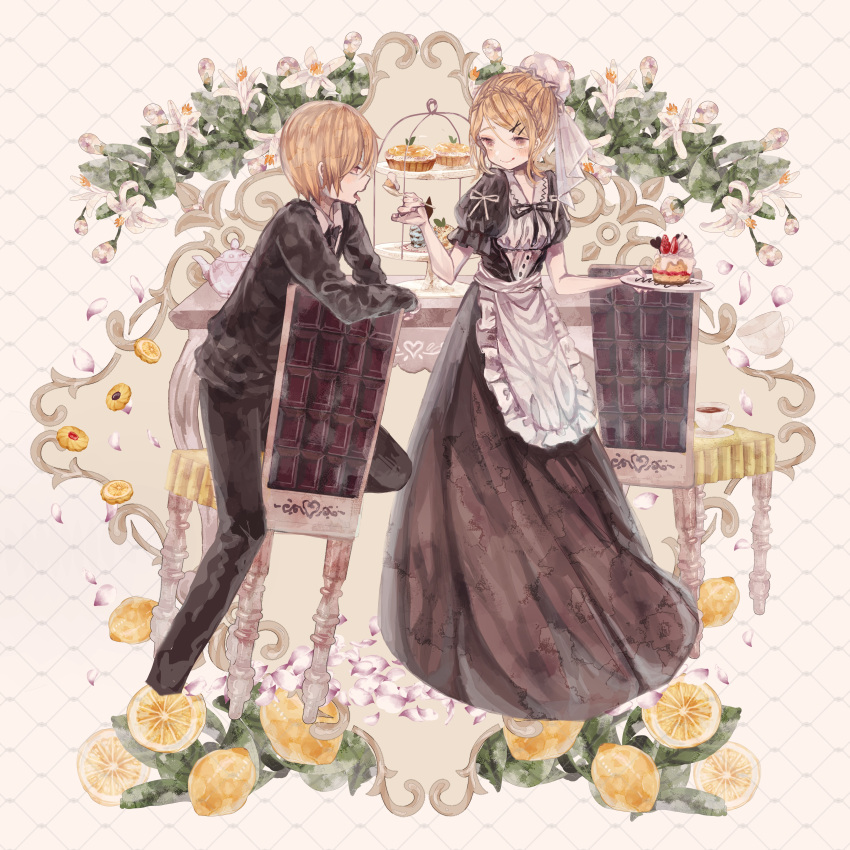 1boy 1girl absurdres apron arm_rest black_dress black_jacket black_necktie black_pants black_ribbon black_suit blonde_hair braid brown_eyes cake cake_slice center_frills chair closed_mouth collared_shirt comitia cookie cream cropped_legs cup dessert dress drink feeding feet_on_chair flower food formal frilled_apron frilled_sleeves frills from_side fruit garland_(decoration) grimm's_fairy_tales hair_ornament hairpin hat heart highres holding holding_food holding_plate holding_spoon jacket leaf lemon long_dress long_sleeves looking_at_another maid_apron mob_cap multiple_views necktie on_chair open_mouth original pants petals pie plate porcelain puffy_short_sleeves puffy_sleeves ribbon saucer shirt short_hair short_sleeves single_braid smile spoon strawberry suit supika table teacup teapot tiered_tray tongue tongue_out white_apron white_background white_flower white_ribbon white_shirt x_hair_ornament