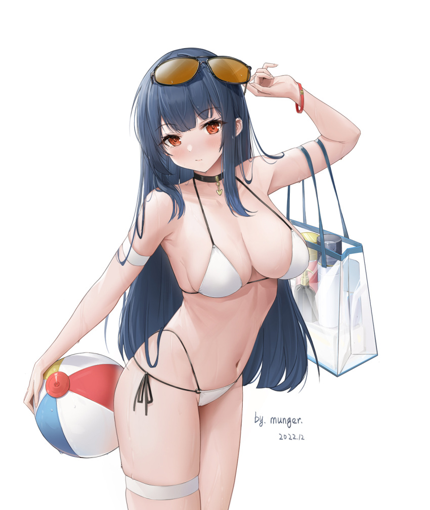 1girl arm_strap arm_up artist_name bag ball bangs bare_shoulders beachball bikini black_choker blue_hair blush breasts choker cleavage closed_mouth cowboy_shot dark_blue_hair dated eyewear_on_head halterneck hand_on_eyewear highres holding holding_ball holding_beachball large_breasts looking_at_viewer multi-strapped_bikini mungersky navel original pendant_choker red_eyes shopping_bag side-tie_bikini_bottom sidelocks simple_background skindentation solo stomach string_bikini sunglasses swimsuit thigh_strap thighs tinted_eyewear wet white_background white_bikini wristband