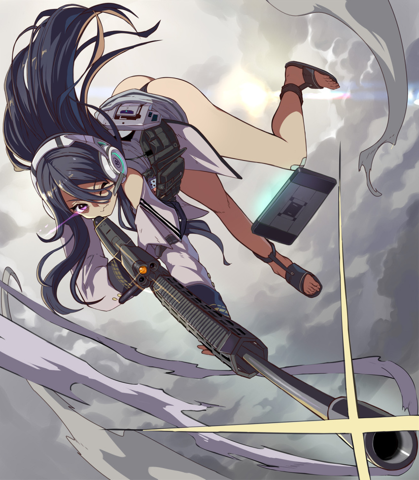 1girl aiming ass bare_legs black_hair black_panties closed_mouth cloud cloudy_sky commentary exia_(nikke) from_below full_body glint glowing glowing_eye goddess_of_victory:_nikke grey_sky gun hair_between_eyes headphones highres holding holding_gun holding_weapon jacket long_hair midair no_pants one_eye_closed panties purple_eyes rifle sandals shope sky sniper_rifle solo tablet_pc tactical_clothes thong underwear wavy_mouth weapon white_jacket