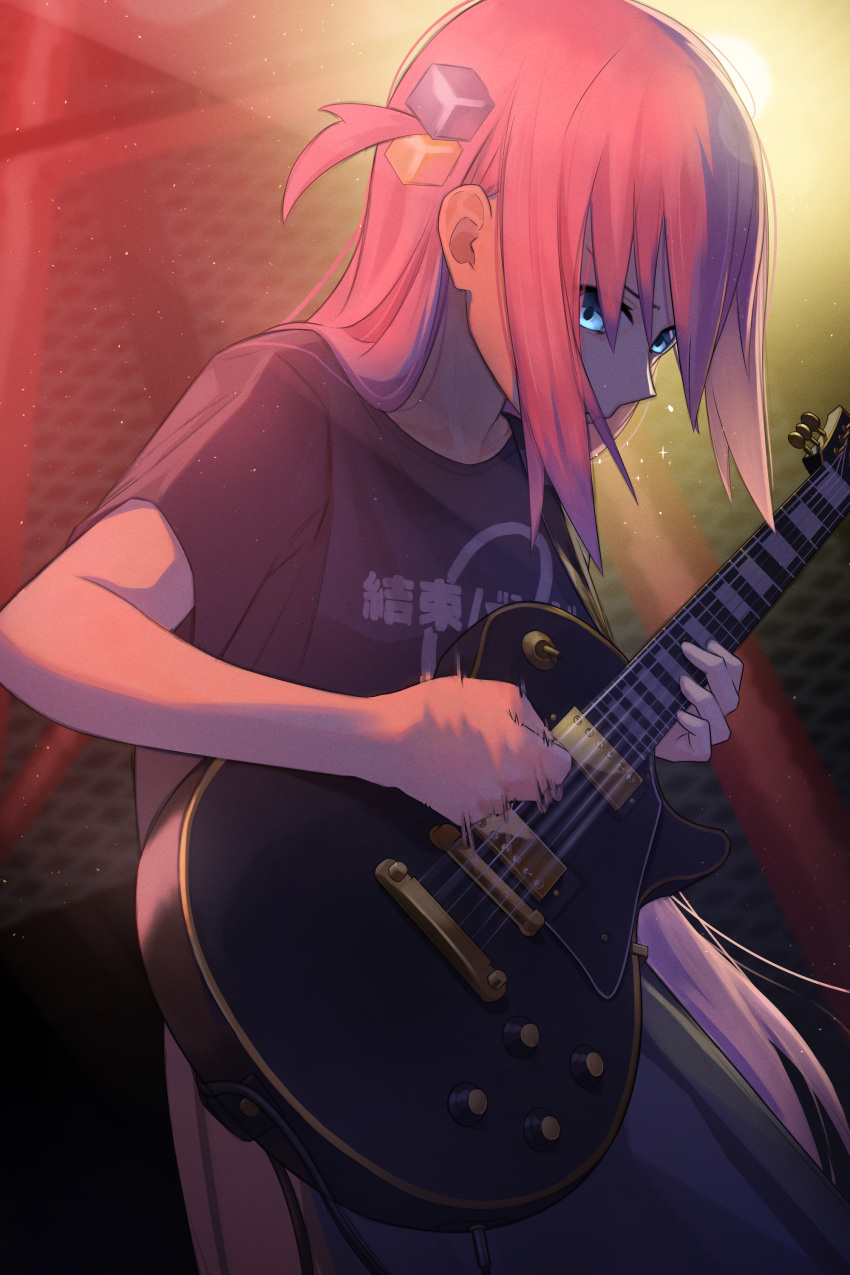 1girl absurdres blue_eyes bocchi_the_rock! cube_hair_ornament electric_guitar gotou_hitori guitar hair_ornament highres instrument kis_sako long_hair music pink_hair playing_instrument shirt solo t-shirt