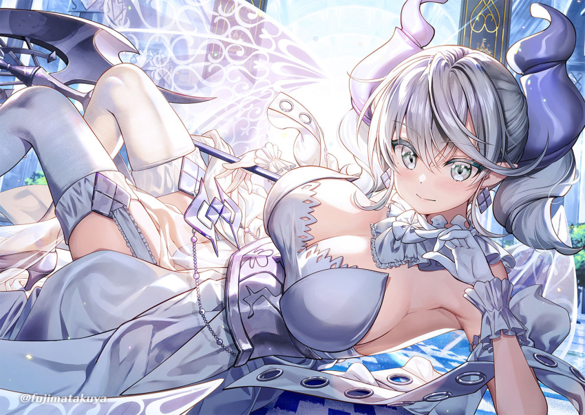 1girl breasts closed_mouth detached_collar dress fujima_takuya gloves holding holding_weapon horns large_breasts long_hair looking_at_viewer lovely_labrynth_of_the_silver_castle smile thighhighs twitter_username weapon white_dress white_eyes white_gloves white_hair white_thighhighs yu-gi-oh!