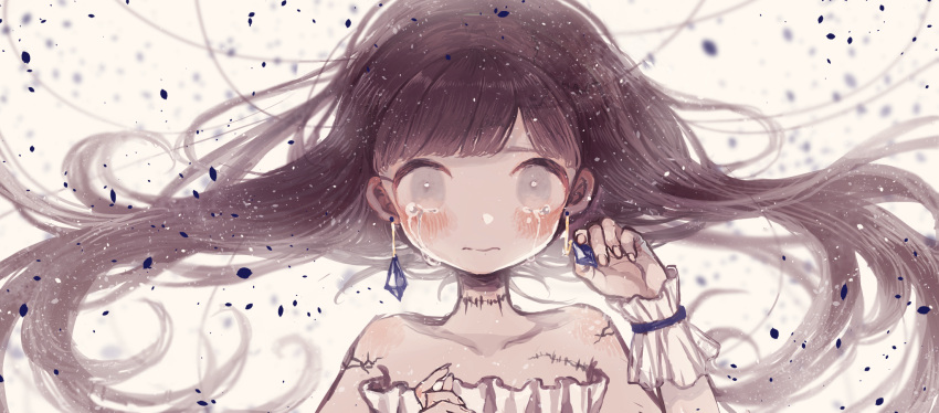 1girl bangs bare_arms bare_shoulders blue_gemstone blush bright_pupils brown_hair closed_mouth constricted_pupils cracked_skin crying crying_with_eyes_open dress earrings floating_hair gem grey_eyes highres holding holding_gem jewelry long_hair looking_at_viewer original sad scar scar_on_neck sleeveless sleeveless_dress solo supika tears upper_body wavy_mouth white_background white_dress wrist_cuffs