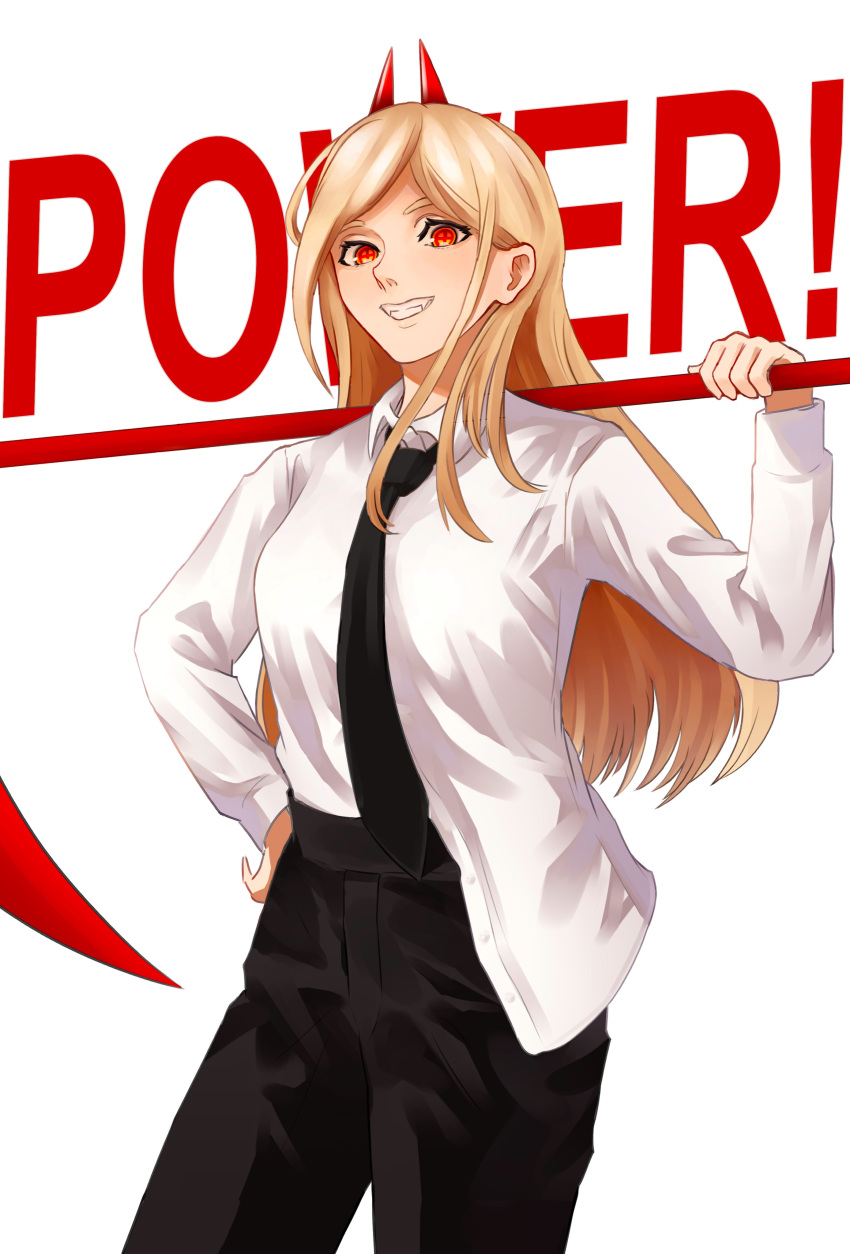 1girl absurdres ao_desu2222 bangs black_necktie black_pants blonde_hair chainsaw_man character_name collared_shirt cross-shaped_pupils hand_on_hip highres holding holding_scythe holding_weapon horns long_hair looking_at_viewer necktie on_shoulder pants power_(chainsaw_man) red_eyes red_horns scythe sharp_teeth shirt shirt_partially_tucked_in simple_background smile solo symbol-shaped_pupils teeth weapon white_background white_shirt