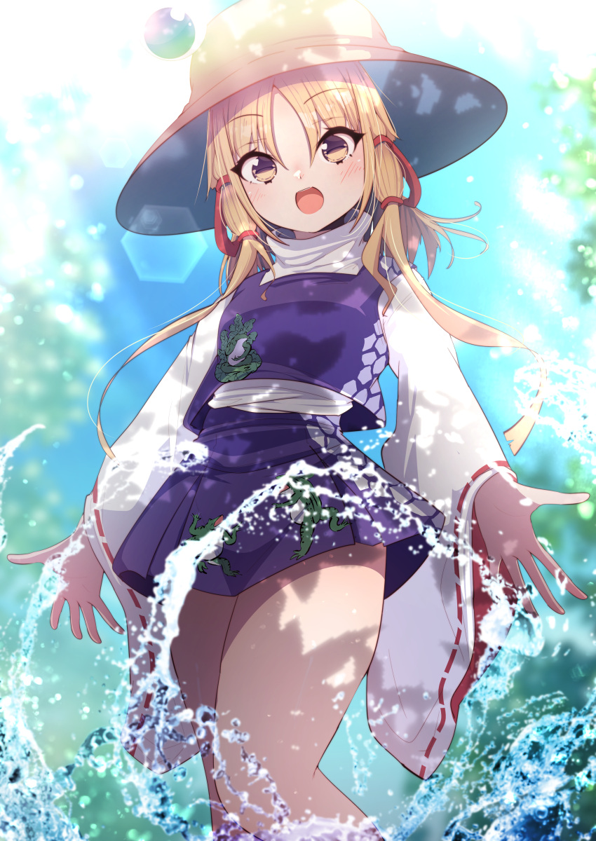 absurdres animal_print bangs blonde_hair darumoon frog_print highres long_sleeves medium_hair moriya_suwako parted_bangs purple_skirt purple_vest pyonta shirt skirt skirt_set sleeves_past_wrists thighhighs touhou turtleneck vest white_shirt wide_sleeves yellow_eyes