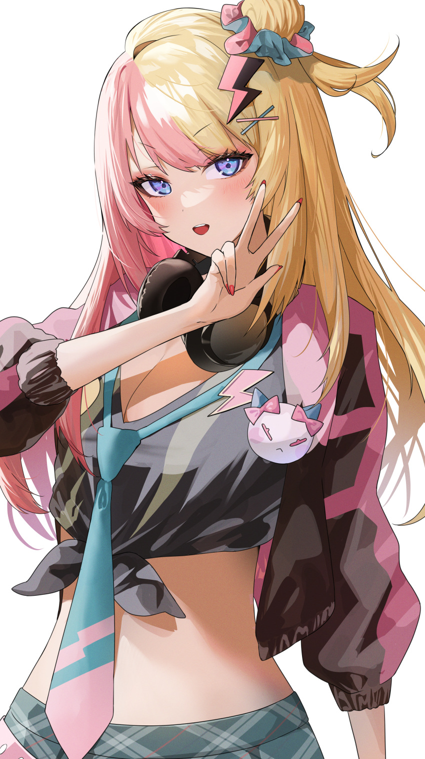 1girl absurdres bangs black_jacket blonde_hair blue_eyes blue_necktie breasts cadorunrun cleavage grey_skirt gyaru hair_bun hair_ornament hair_scrunchie headphones headphones_around_neck highres jacket kotoka_torahime large_breasts long_hair looking_at_viewer loose_necktie midriff multicolored_hair necktie nijisanji nijisanji_en open_clothes open_jacket pink_hair pink_jacket red_nails scrunchie shirt simple_background single_hair_bun skirt solo split-color_hair swept_bangs tied_shirt virtual_youtuber w white_background x_hair_ornament