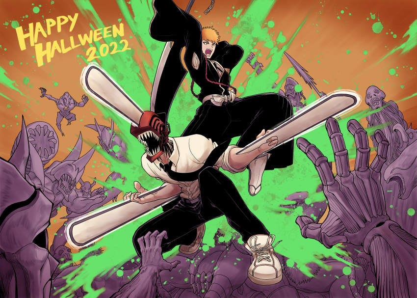 2022 2boys absurdres armpit_cutout battle black_kimono black_pants bleach blood bovyng chainsaw chainsaw_man clothing_cutout crossover denji_(chainsaw_man) green_blood halloween highres holding holding_sword holding_weapon japanese_clothes jumping kimono kurosaki_ichigo long_sleeves lower_teeth monster multiple_boys obi open_mouth orange_eyes orange_hair pants pointy_hair sash sharp_teeth shirt shoes short_hair short_sleeves shouting sneakers sword tabi teeth upper_teeth weapon white_shirt wide_sleeves