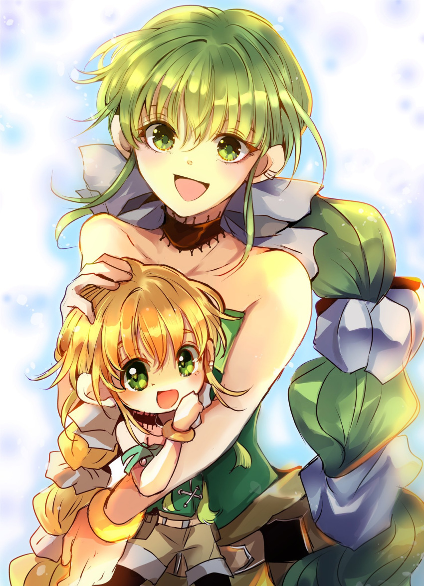 any813 bare_shoulders blonde_hair bow chibi choker dual_persona green_eyes green_hair hair_ribbon highres jewelry legwear_under_shorts long_hair looking_at_viewer multi-tied_hair open_mouth pantyhose ponytail ribbon saga saga_frontier_2 shorts smile very_long_hair virginia_knights