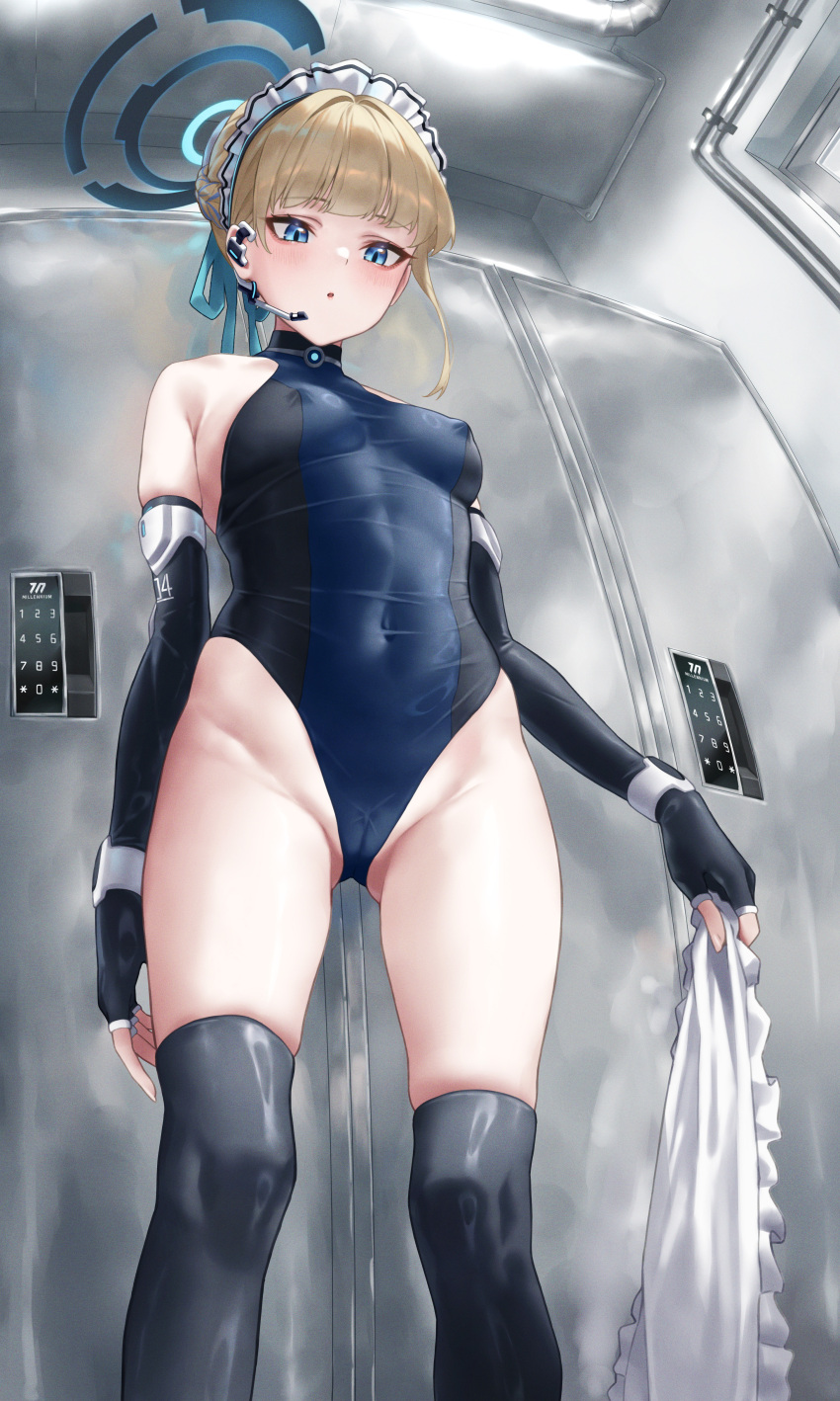 1girl :o absurdres apron apron_removed ass_visible_through_thighs banana_oekaki bangs bare_shoulders black_gloves black_thighhighs blonde_hair blue_archive blue_eyes blue_leotard blue_ribbon blunt_bangs breasts cameltoe commentary_request covered_navel covered_nipples earpiece elbow_gloves elevator feet_out_of_frame fingerless_gloves fisheye frilled_apron frilled_hairband frills from_below gloves groin hair_bun hair_ribbon hairband headset highleg highleg_leotard highres holding holding_clothes indoors leotard looking_at_viewer looking_down maid_headdress medium_breasts ribbon short_hair sidelocks skin_tight skindentation sleeveless_turtleneck_leotard solo standing thighhighs thighs toki_(blue_archive) turtleneck two-tone_leotard white_apron white_hairband