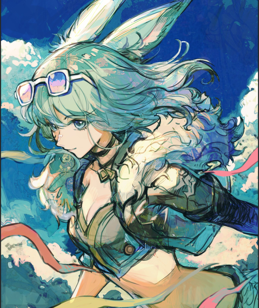 1girl animal_ears black_choker black_jacket blue_eyes blue_hair blue_sky breasts choker cleavage closed_mouth copyright_request day eyewear_on_head highres jacket looking_at_viewer midriff open_clothes open_jacket outdoors rosette_(yankaixuan) sky smile solo sunglasses