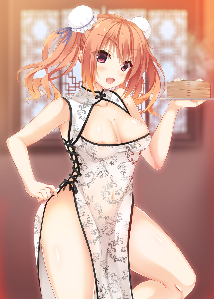 1girl ass bangs baozi blue_ribbon blush breasts china_dress chinese_clothes cleavage cropped_legs double_bun dress eyebrows_hidden_by_hair food fringe_trim hair_between_eyes hair_bun hair_ribbon hand_on_hip hand_up highres holding holding_tray inaba_meguru indoors legs looking_at_viewer medium_breasts open_mouth orange_hair red_eyes ribbon sanoba_witch shrimp_3 sidelocks solo standing steam thighs tray twintails wavy_hair white_dress yuzu-soft