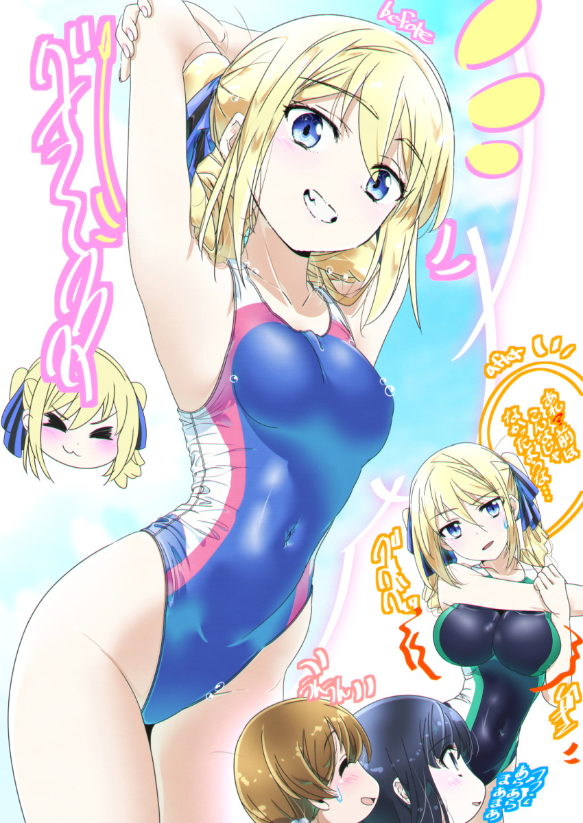 1boy 2girls angelina_kudou_shields black_one-piece_swimsuit blonde_hair blue_eyes blue_one-piece_swimsuit breasts commentary_request competition_swimsuit covered_navel cowboy_shot grin highleg highleg_swimsuit highres ichijou_masaki looking_at_viewer mahouka_koukou_no_rettousei mamezuka_takashi medium_breasts multiple_girls multiple_views one-piece_swimsuit shiba_miyuki small_breasts smile stretching swimsuit