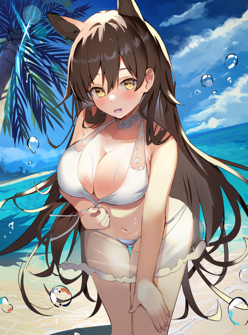 1girl aa44 absurdres air_bubble atago_(azur_lane) atago_(summer_march)_(azur_lane) azur_lane beach bikini breasts brown_hair bubble choker cleavage extra_ears highres large_breasts leaning_forward long_hair looking_at_viewer official_alternate_costume open_mouth palm_tree ribbon sarong see-through_sarong solo swimsuit tree very_long_hair water white_bikini white_choker white_ribbon yellow_eyes