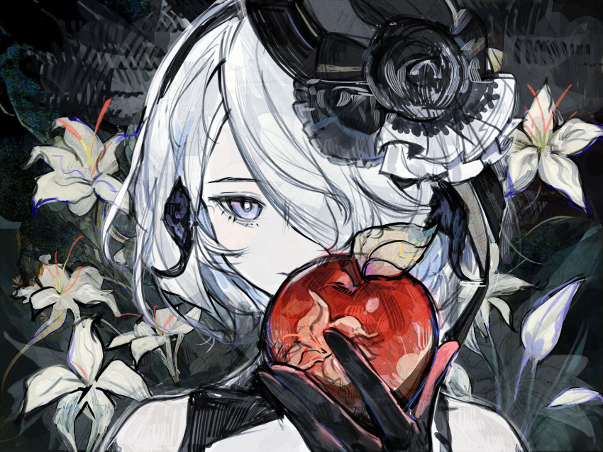 1girl apple black_gloves copyright_request flower food fruit gloves hair_ornament hair_over_one_eye hat highres holding holding_food holding_fruit looking_at_viewer one_eye_covered portrait purple_eyes red_apple rosette_(yankaixuan) solo