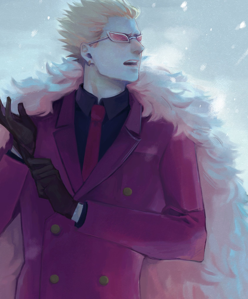 1boy black_shirt blonde_hair brown_gloves business_suit coat donquixote_doflamingo earrings feather_coat formal gloves highres inu7efd jewelry long_sleeves male_focus necktie one_piece pink_coat red_necktie red_suit shirt short_hair snowflakes solo spiked_hair suit sunglasses upper_body