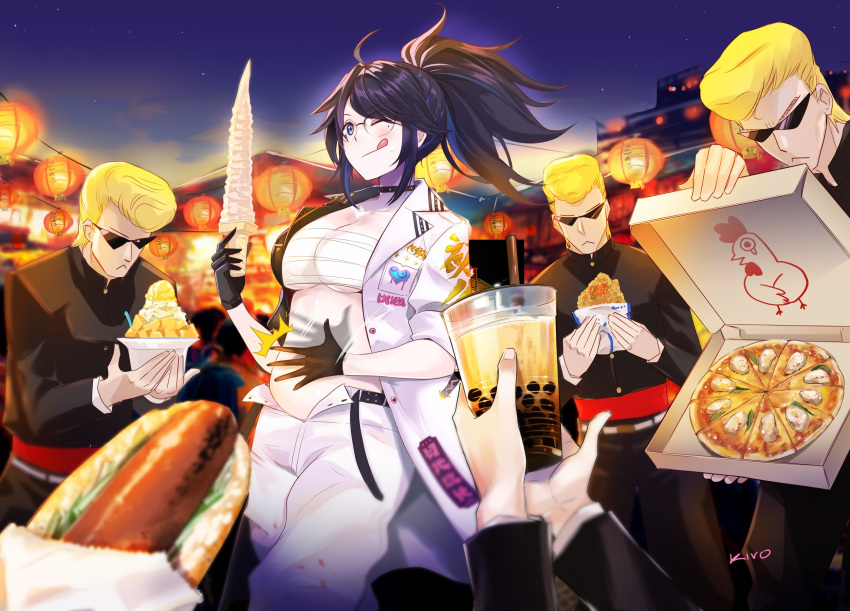 1girl 4boys :&lt; afterimage ahoge belt black_collar black_gloves black_hair blonde_hair blue_eyes blurry breasts bubble_tea chest_sarashi coat collar food glasses gloves highres holding holding_ice_cream hot_dog ice_cream_cone kivo kson lantern large_breasts mole mole_under_eye motion_lines multiple_boys night night_sky one_eye_closed open_fly pants paper_lantern pizza pizza_box pompadour ponytail pov sarashi sidelocks signature sky souchou sunglasses virtual_youtuber vshojo white_coat white_pants