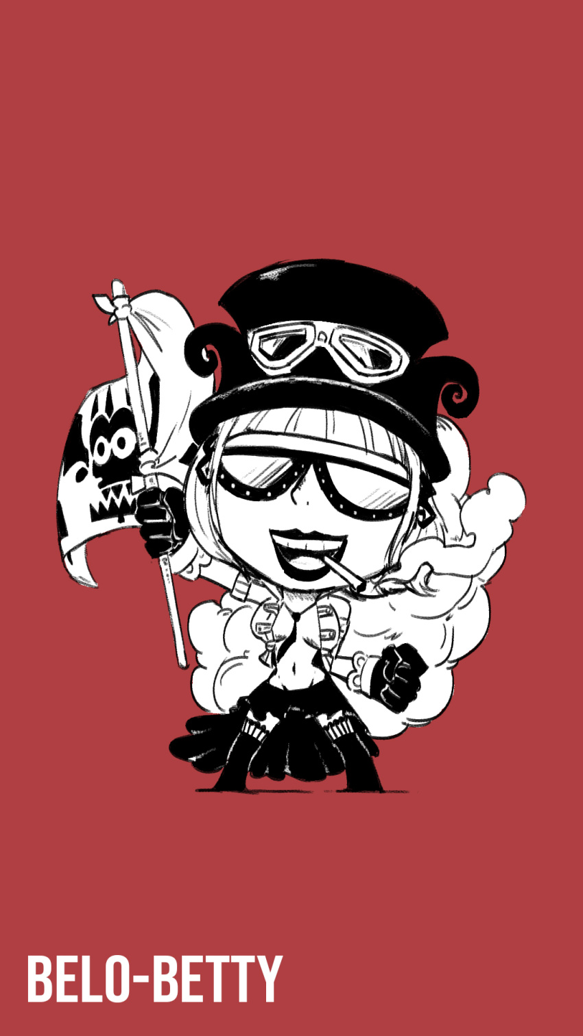 1girl arm_up bangs belo_betty blacknirrow blunt_bangs breasts breasts_apart character_name chibi cigarette clenched_hands commentary cropped_jacket english_commentary english_text eyewear_on_headwear flag full_body fur_(clothing) gloves goggles groin hand_up happy hat highres holding holding_flag jacket lipstick makeup medium_breasts monochrome mouth_hold navel necktie no_bra no_shirt one_piece open_clothes open_jacket open_mouth outstretched_arm red_background short_hair short_shorts short_sleeves shorts sidelocks simple_background sketch smile smoke smoking solo standing stomach sunglasses teeth thighhighs top_hat