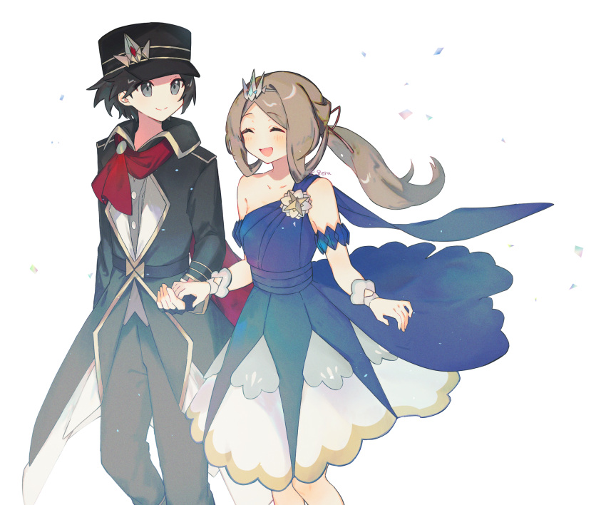 1boy 1girl black_hair black_headwear blonde_hair blue_dress calem_(champion)_(pokemon) calem_(pokemon) dress fingerless_gloves gloves hadu_eru highres holding_hands looking_at_another official_alternate_costume pokemon pokemon_(game) pokemon_masters_ex ponytail serena_(champion)_(pokemon) serena_(pokemon) smile standing white_background wrist_cuffs