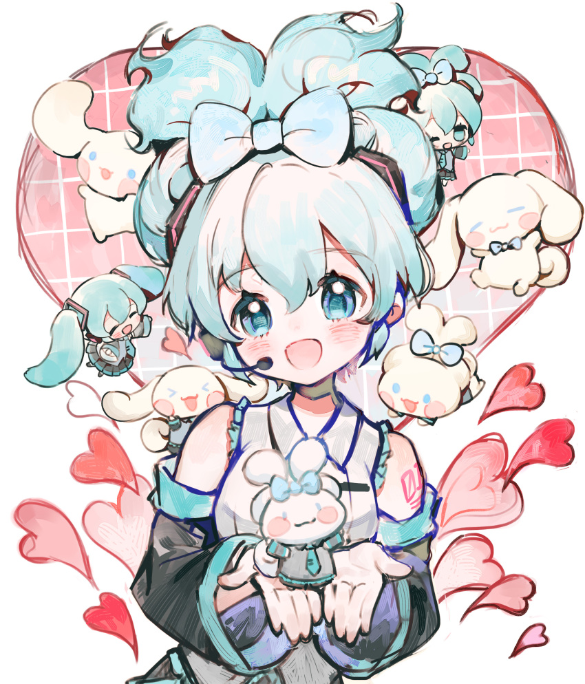 &gt;_&lt; 1girl :d bare_shoulders blue_bow blue_eyes blue_hair blush bow character_request cinnamiku cinnamoroll detached_sleeves hair_bow hatsune_miku heart highres holding long_sleeves looking_at_viewer open_mouth rosette_(yankaixuan) sanrio smile solo twintails vocaloid