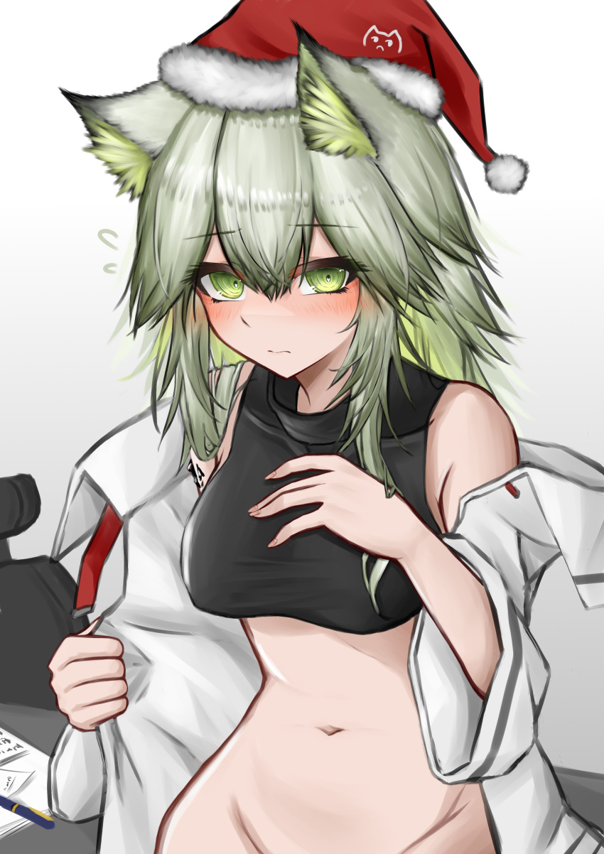1girl absurdres animal_ear_fluff animal_ears arknights bare_shoulders black_shirt blush bottomless breasts cat_ears cat_girl cropped_shirt flying_sweatdrops green_eyes green_hair groin hair_between_eyes hat highres jacket kal'tsit_(arknights) looking_at_viewer medium_breasts navel off_shoulder open_clothes open_jacket oripathy_lesion_(arknights) out-of-frame_censoring pom_pom_(cheerleading) santa_hat shirt simple_background solo stomach upper_body white_background white_jacket wordsworth_owo