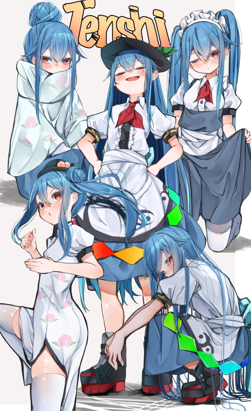 5girls :d absurdres adapted_costume alternate_costume alternate_hairstyle black_headwear blue_hair blue_skirt blush boots bow breasts center_frills character_name china_dress chinese_clothes cosplay covered_mouth dress enmaided flat_chest food foot_out_of_frame frills fruit full_body grey_background hair_between_eyes hair_bun hands_on_hips hat highres hinanawi_tenshi knee_up leaf leg_up long_hair maid maid_headdress multiple_girls multiple_views peach peach_print poncho puffy_short_sleeves puffy_sleeves red_bow red_eyes shadow shima_rin shima_rin_(cosplay) shirt short_sleeves side_slit sidelocks simple_background skirt small_breasts smile smug squatting standing thighhighs touhou tsune_(tune) twintails v-shaped_eyebrows white_dress white_shirt yurucamp