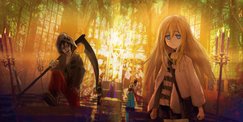 2girls 3boys blonde_hair blue_eyes candle cathy_(satsuriku_no_tenshi) church cityscape closed_mouth danny_(satsuriku_no_tenshi) hair_between_eyes highres hood indoors isaac_foster long_hair long_sleeves looking_at_viewer multiple_boys multiple_girls rachel_gardner satsuriku_no_tenshi scenery shorts sickle sunset