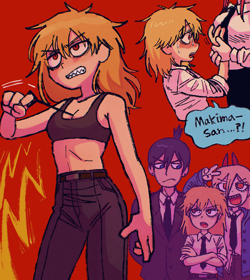 arms_behind_back bangs batrobin_k black_hair black_jacket black_necktie blonde_hair blue_eyes blush breast_grab chainsaw_man collared_shirt cross-shaped_pupils crossed_arms denji_(chainsaw_man) formal genderswap genderswap_(mtf) grabbing guided_breast_grab guiding_hand hayakawa_aki height_difference highres horns jacket long_hair makima_(chainsaw_man) medium_hair messy_hair necktie open_mouth power_(chainsaw_man) red_background red_eyes red_hair red_horns sharp_teeth shirt shirt_tucked_in short_hair sidelocks simple_background sleeves_rolled_up sports_bra suit sweat symbol-shaped_pupils teeth topknot v white_shirt yellow_eyes