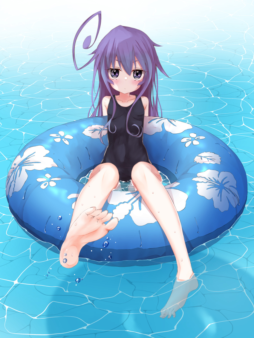 1girl acchi_kocchi ahoge arms_behind_back bangs barefoot black_one-piece_swimsuit blush breasts collarbone commission feet floral_print foot_up foreshortening full_body hair_between_eyes highres innertube legs long_hair looking_at_viewer miniwa_tsumiki one-piece_swimsuit purple_eyes purple_hair school_swimsuit shadow shiny shiny_skin sidelocks skeb_commission small_breasts soles solo swimsuit tachakan toenails toes water