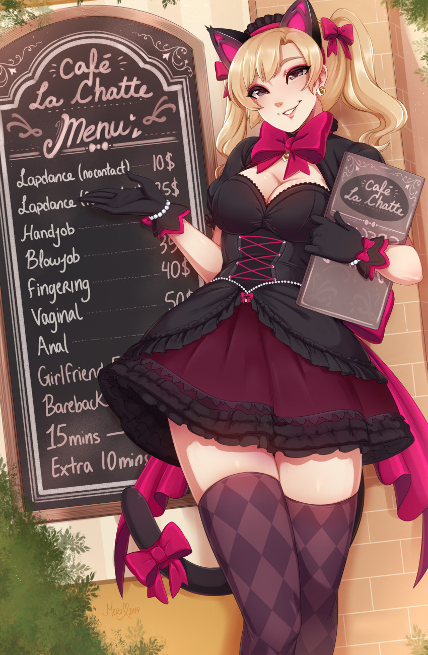 1girl alternate_hair_color alternate_hairstyle animal_ears argyle argyle_legwear bangs black_cat_d.va black_dress black_gloves blonde_hair bow bracelet breasts cat_ears cat_tail chalkboard_sign checkered_clothes checkered_legwear cleavage cleavage_cutout clothing_cutout corset d.va_(overwatch) dress earrings english_text eyeshadow fake_animal_ears gloves hair_bow heart heart_earrings highres jewelry lolita_fashion looking_at_viewer makeup medium_breasts merunyaa official_alternate_costume overwatch overwatch_1 pearl_bracelet pink_bow price_list prostitution puffy_sleeves purple_eyes solo swept_bangs tail tail_bow tail_ornament thighhighs twintails two-tone_legwear zettai_ryouiki