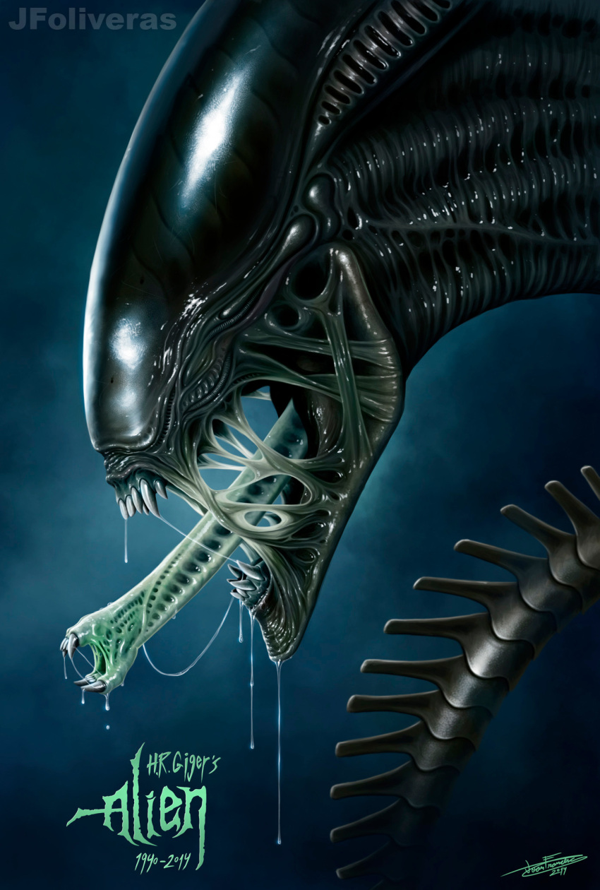 alien alien_(movie) dark_background drooling highres jfoliveras long_tongue monster mouth_drool no_humans simple_background tongue tongue_out watermark xenomorph