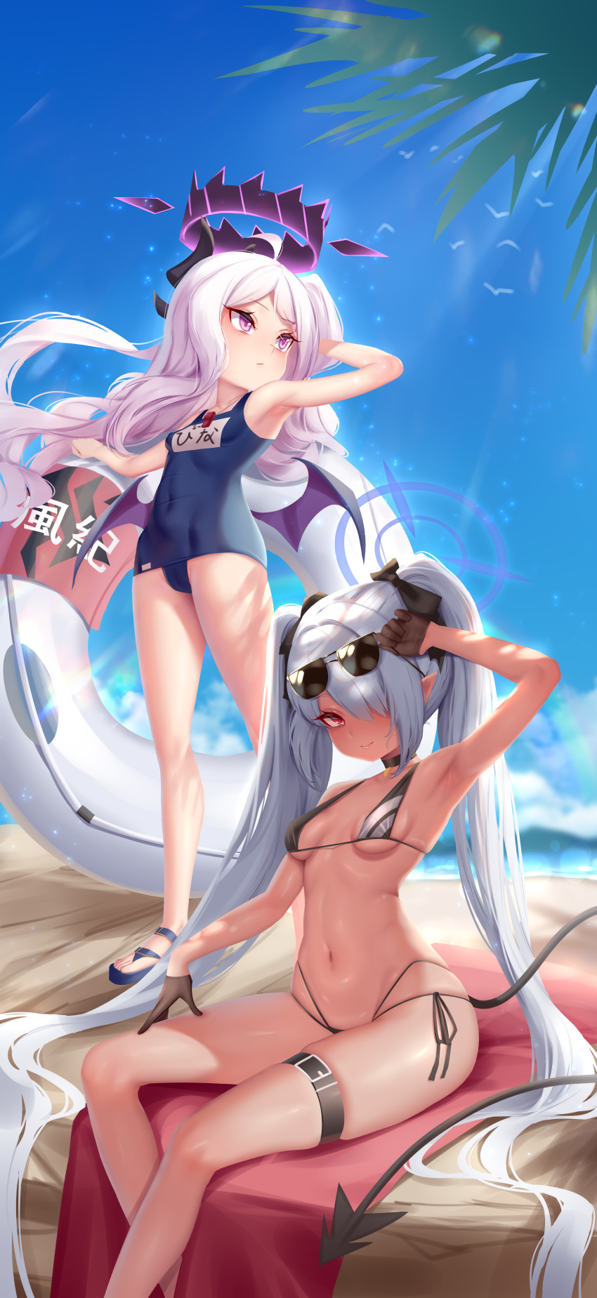 2girls absurdres arm_up armpits beach bikini bird black_bikini black_bow black_choker blue_archive blue_one-piece_swimsuit blue_sky blurry bokeh bow breasts choker commentary_request covered_navel day demon_tail demon_wings depth_of_field expressionless eyewear_on_head full_body grey_hair hair_bow hair_intakes hair_over_one_eye halo highres hina_(blue_archive) hina_(swimsuit)_(blue_archive) holding holding_innertube horns innertube iori_(blue_archive) iori_(swimsuit)_(blue_archive) long_hair looking_at_viewer looking_away low_wings multi-strapped_bikini multiple_girls name_tag navel one_eye_covered outdoors palm_tree pointy_ears purple_eyes red_eyes sandals school_swimsuit sky small_breasts sunglasses sunlight swimsuit tail thigh_strap tree twintails vanta-black very_long_hair whistle whistle_around_neck white_hair wings