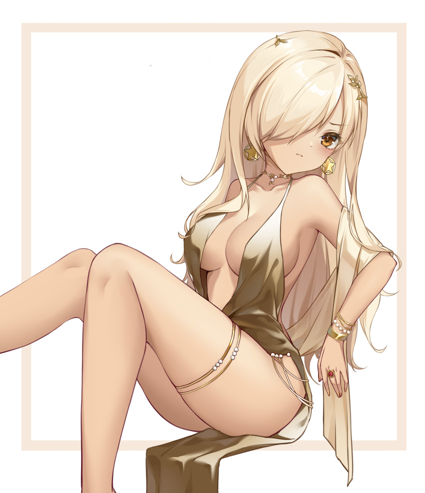 1girl absurdres azur_lane bingjilin blonde_hair bracelet breasts brown_eyes cleavage collarbone dress earrings gold_dress hair_ornament hair_over_one_eye highres jewelry large_breasts long_hair nevada_(azur_lane) pearl_bracelet ring solo star_(symbol) star_earrings