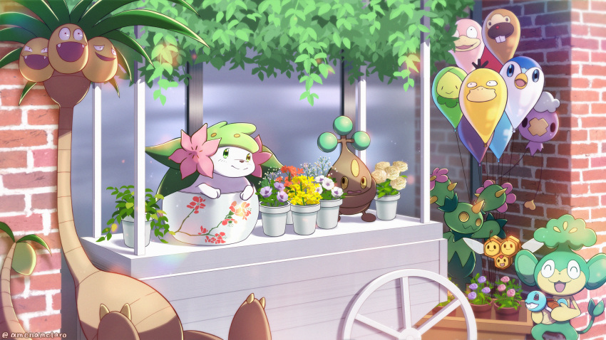 absurdres alolan_exeggutor amenametaro balloon bonsly brick_wall character_print combee commentary_request day drifloon flower highres holding maractus outdoors pansage plant pokemon pokemon_(creature) potted_plant shaymin shaymin_(land) wheel white_flower