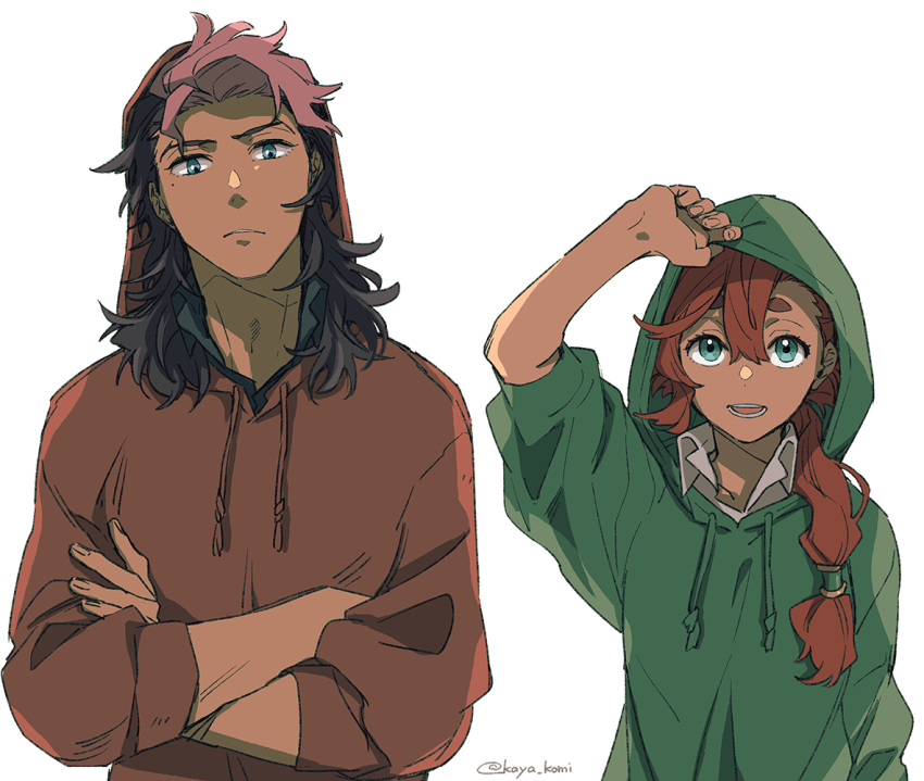 1boy 1girl adjusting_hood blue_eyes brown_hair brown_hoodie collared_shirt crossed_arms green_hoodie guel_jeturk gundam gundam_suisei_no_majo hair_between_eyes hair_over_shoulder hood hood_up hoodie looking_at_viewer mullet multicolored_hair open_mouth parted_lips pink_hair red_hair shirt short_hair_with_long_locks sleeves_rolled_up smile suletta_mercury thick_eyebrows twitter_username two-tone_hair upper_body wakaya_hana white_shirt