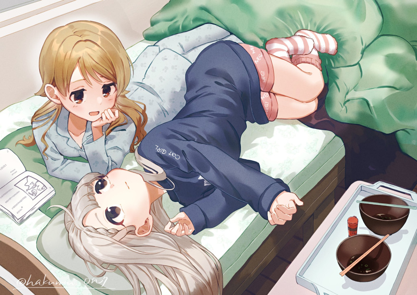 2girls asymmetrical_bangs bangs bed blanket bowl braid braided_bangs commentary_request cover cover_page eye_contact grey_hair hand_on_own_cheek hand_on_own_face head_rest highres hisakawa_nagi idolmaster idolmaster_cinderella_girls indoors light_brown_hair looking_at_another lying morikubo_nono multiple_girls on_bed on_side on_stomach pajamas print_pajamas shisui_(5830217) smile tray