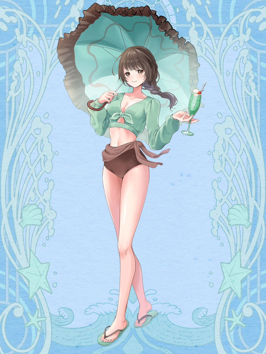 1girl aqua_umbrella bangs blue_background braid braided_ponytail breasts brown_eyes brown_hair brown_umbrella champagne_flute cherry cleavage crop_top cup dairoku_ryouhei drink drinking_glass food fruit full_body highres holding holding_cup ice ice_cube long_hair looking_at_viewer medium_breasts navel parasol sandals smile solo spoon standing two-tone_umbrella umbrella yoshiki1020