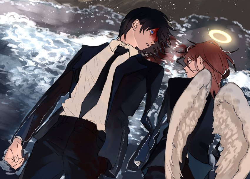 2boys amputee angel_devil_(chainsaw_man) angel_wings beach bisou black_hair black_jacket black_necktie black_pants blood blood_on_clothes blood_on_face blue_eyes brown_hair chainsaw_man collared_shirt foaming_waves formal halo hayakawa_aki highres jacket looking_at_another lying medium_hair multiple_boys necktie no_arms on_back on_ground on_stomach pants partially_submerged puddle_of_blood shirt shirt_tucked_in shore short_hair suit wet wet_clothes white_shirt wings