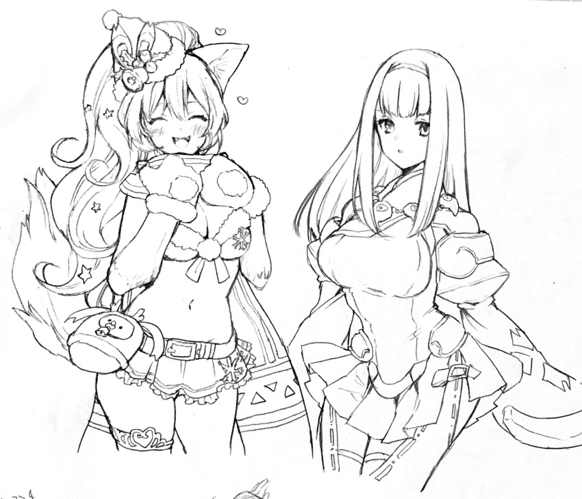 2girls :d animal_ears blush breasts cat_ears cat_tail character_request christmas cleavage dress gloves hat highres long_hair looking_at_viewer monochrome multiple_girls murata_tefu navel open_mouth perisie_(star_ocean) ponytail simple_background skirt sleeves_past_wrists smile star_ocean star_ocean_anamnesis star_ocean_first_departure tail white_background