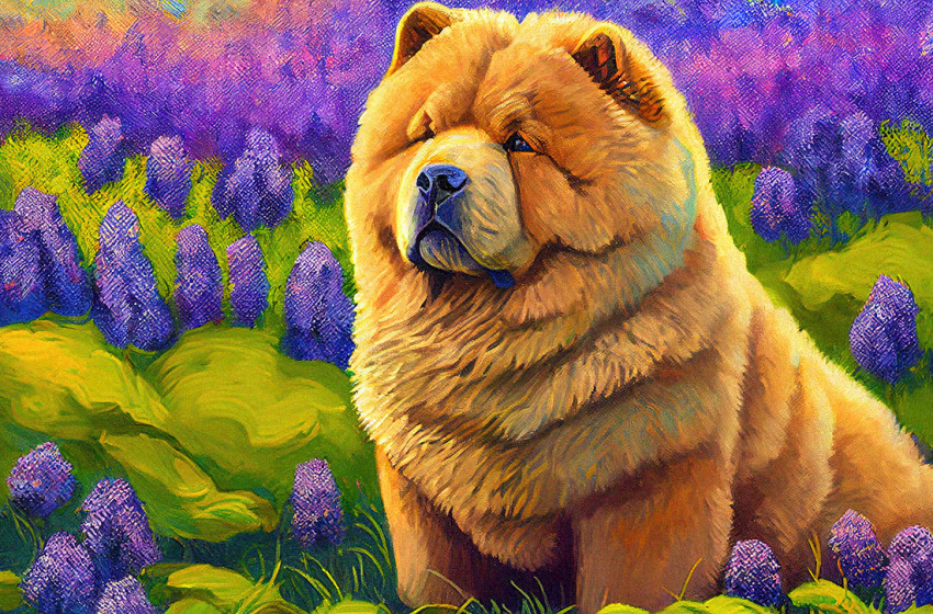 ambiguous_gender black_nose brown_body brown_fur canid canine canis chow_chow domestic_dog feral field fluffy fur grass lavender_(flower) mammal outside plant solo spitz woofwooflion