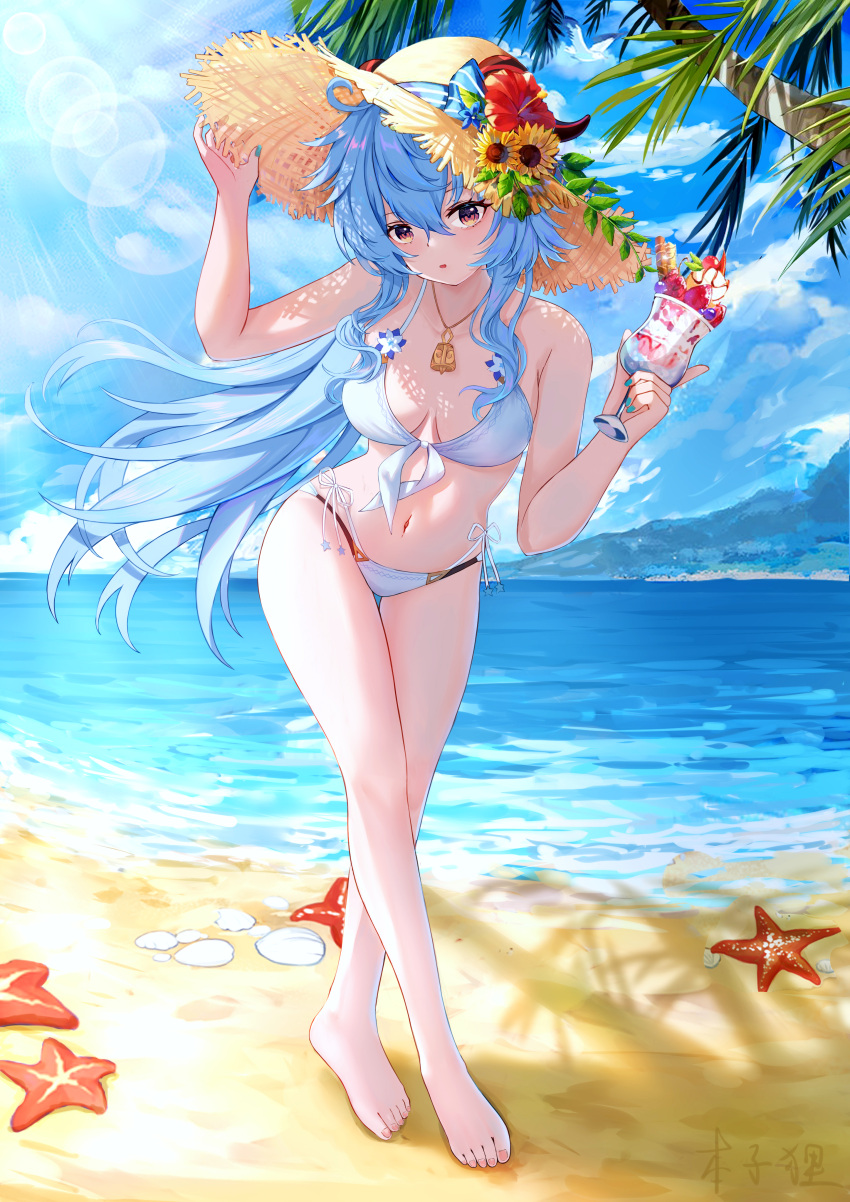 1girl absurdres arm_up bangs bare_legs barefoot beach bikini blue_hair blue_sky breasts cloud crossed_bangs crossed_legs cup dappled_sunlight day feet flower food front-tie_bikini_top front-tie_top ganyu_(genshin_impact) genshin_impact goat_horns gradient_eyes halterneck hand_on_headwear hand_up hat hat_flower hibiscus highres holding holding_cup holding_ice_cream horns horns_through_headwear ice_cream jewelry jpeg_artifacts leaf legs looking_at_viewer medium_breasts mountainous_horizon multi-strapped_bikini multicolored_eyes nail_polish navel necklace ocean palm_tree parted_lips purple_eyes sand side-tie_bikini_bottom sidelighting sidelocks sky solo starfish stomach straw_hat string_bikini summer sun_hat sundae sunflower sunlight swimsuit tenshin_no_kehyaku_tanuki toes tree white_bikini