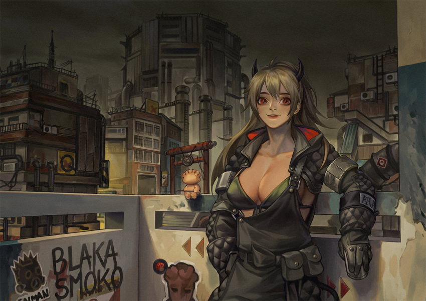 1girl armlet black_gloves breasts building caiman_(dorohedoro) city cleavage dorohedoro gloves grey_sky gyoza_man horns industrial_pipe large_breasts long_hair looking_at_viewer ly_hao_nguyen nikaidou_(dorohedoro) outdoors pollution pouch red_eyes smile spray_paint standing