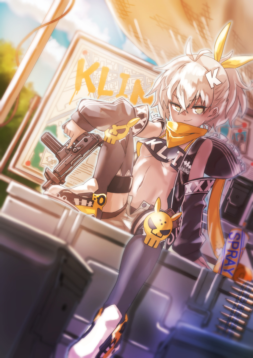 1girl ahoge ammunition_belt animal_hood bandana black_bandeau black_jacket black_sleeves black_thighhighs breasts character_name crate dark-skinned_female dark_skin detached_sleeves dutch_angle english_text full_body girls'_frontline green_eyes grey_hair gun highres holding holding_gun holding_weapon hood jacket klin_(girls'_frontline) knee_pads letter_hair_ornament light_smile looking_at_viewer map medium_breasts medium_hair navel open_clothes open_shorts outdoors over-kneehighs ponytail pp-91_kedr rabbit_hood redz ribbon shorts single_over-kneehigh single_thighhigh sitting smile spray_can spray_paint thigh_strap thighhighs tree underboob weapon white_footwear yellow_bandana yellow_ribbon