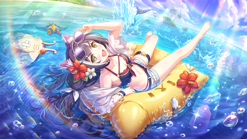 animal_ears black_hair cat_ears cat_tail day eyewear_on_head flower innertube karyl_(princess_connect!) karyl_(summer)_(princess_connect!) ocean official_art princess_connect! sunglasses tail water