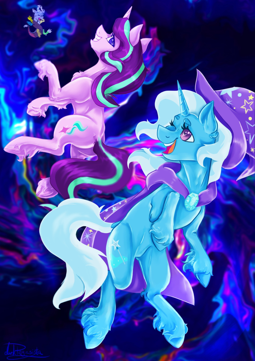 absurd_res antlers blue_body blue_eyes blue_fur blue_hair blue_hooves blue_tail brown_body cape chimera clothing cutie_mark dankpegasista digital_media_(artwork) discord_(mlp) dock draconequus equid equine eyebrows eyelashes female feral fetlocks friendship_is_magic fur grey_body group hair hasbro hat headgear headwear hi_res hooves horn leg_tuft male mammal multicolored_body my_little_pony one_eye_closed open_mouth open_smile pink_body pink_fur pink_hooves purple_eyes purple_hair purple_tail smile starlight_glimmer_(mlp) teeth trio trixie_(mlp) tuft underhoof unicorn unicorn_horn wings wink wizard_hat