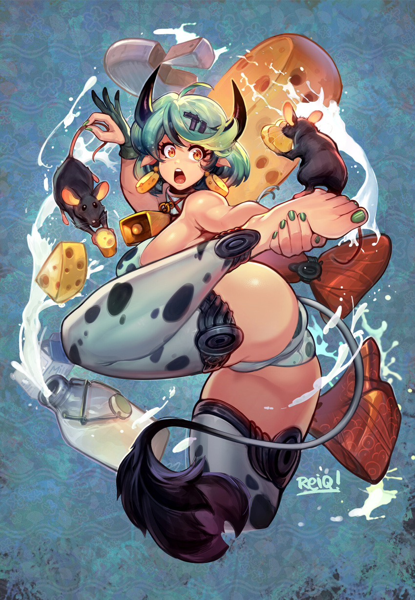 accessory ahoge animal_humanoid animal_print big_breasts bikini black_body black_fur blue_hair bovid bovid_humanoid bovine bovine_humanoid breasts cattle_humanoid cheese clothing collar colored_nails confession cow_print cowbell dairy_products ear_piercing ear_ring female feral food foot_grab fur gloves group hair hair_accessory hairpin handwear hi_res holding_animal horn humanoid humanoid_pointy_ears legwear male mammal mammal_humanoid milk milk_bottle murid murine nails open_mouth piercing rat reiq ring_piercing rodent swimwear thigh_highs trio