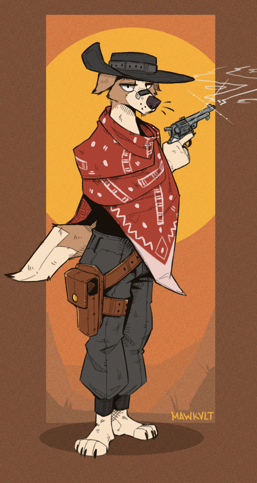 absurd_res anthro barefoot canid canine canis clothed clothing cowboy cowboy_hat domestic_dog feet gun handgun hat headgear headwear hi_res holster male mammal mawkvlt plantigrade poncho ranged_weapon revolver simple_background solo weapon