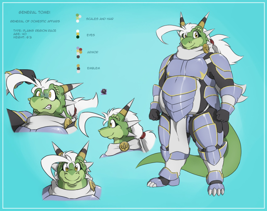 2014 anthro armor biped chubby_anthro chubby_male claws color_swatch colored dragon english_text green_body green_scales hair horn male model_sheet scales scalie slightly_chubby smile solo story story_in_description symbol teeth text toe_claws tomei_(zerofox1000) western_dragon white_hair yellow_eyes zerofox1000