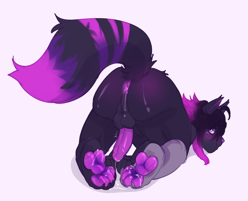 anthro ass_up bodily_fluids breeding_pose butt cum cum_on_butt deity domestic_cat felid feline felis genital_fluids genitals girly hi_res male mammal pawpads penis prosthetic purple_butt purple_paws purple_penis raised_tail solo suerte tempting wetsayuri